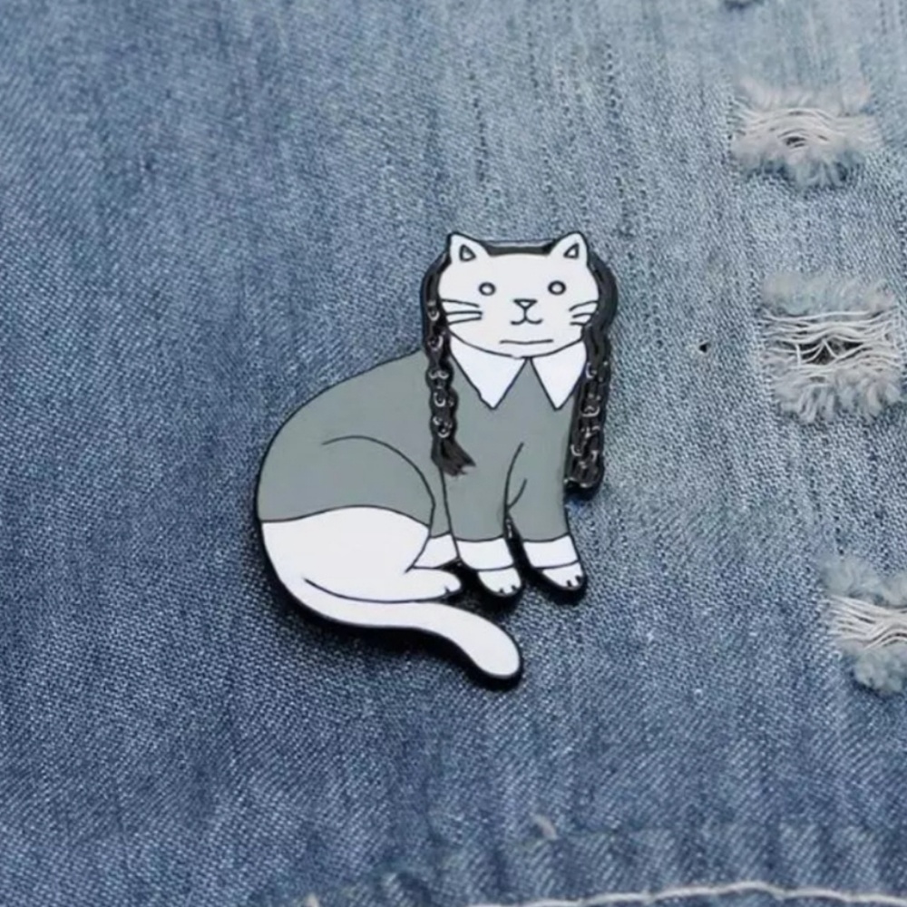 Wednesday Addams Cartoon Cat Pin gothic style